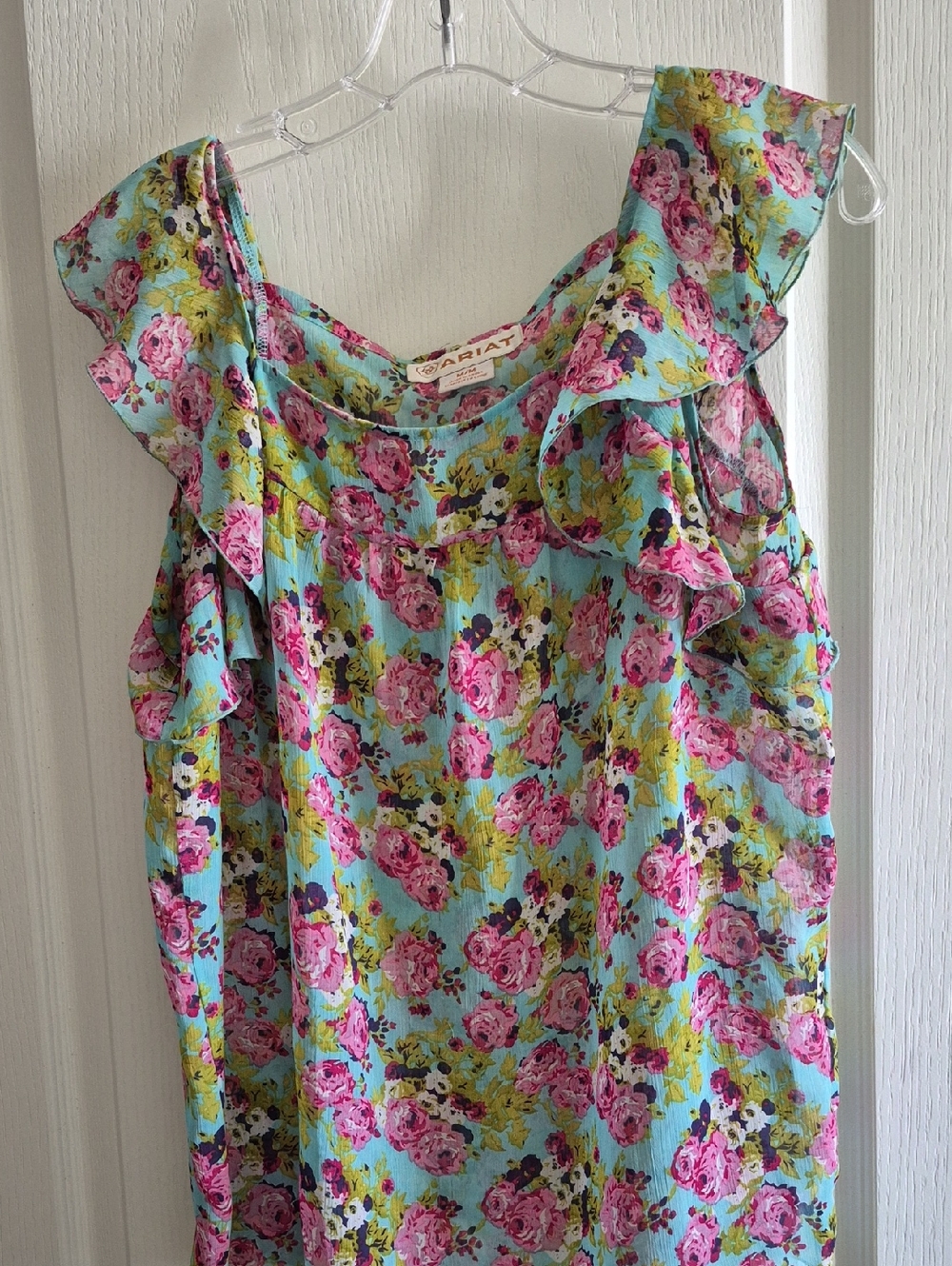 Ariat Turquoise Floral Ruffle Sleeveless Camisole with Pink Roses